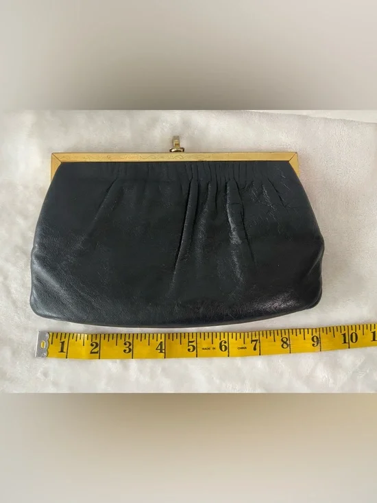 Vintage Etra Genuine leather black clutch hand bag purse gold with filigree - Picture 6 of 9